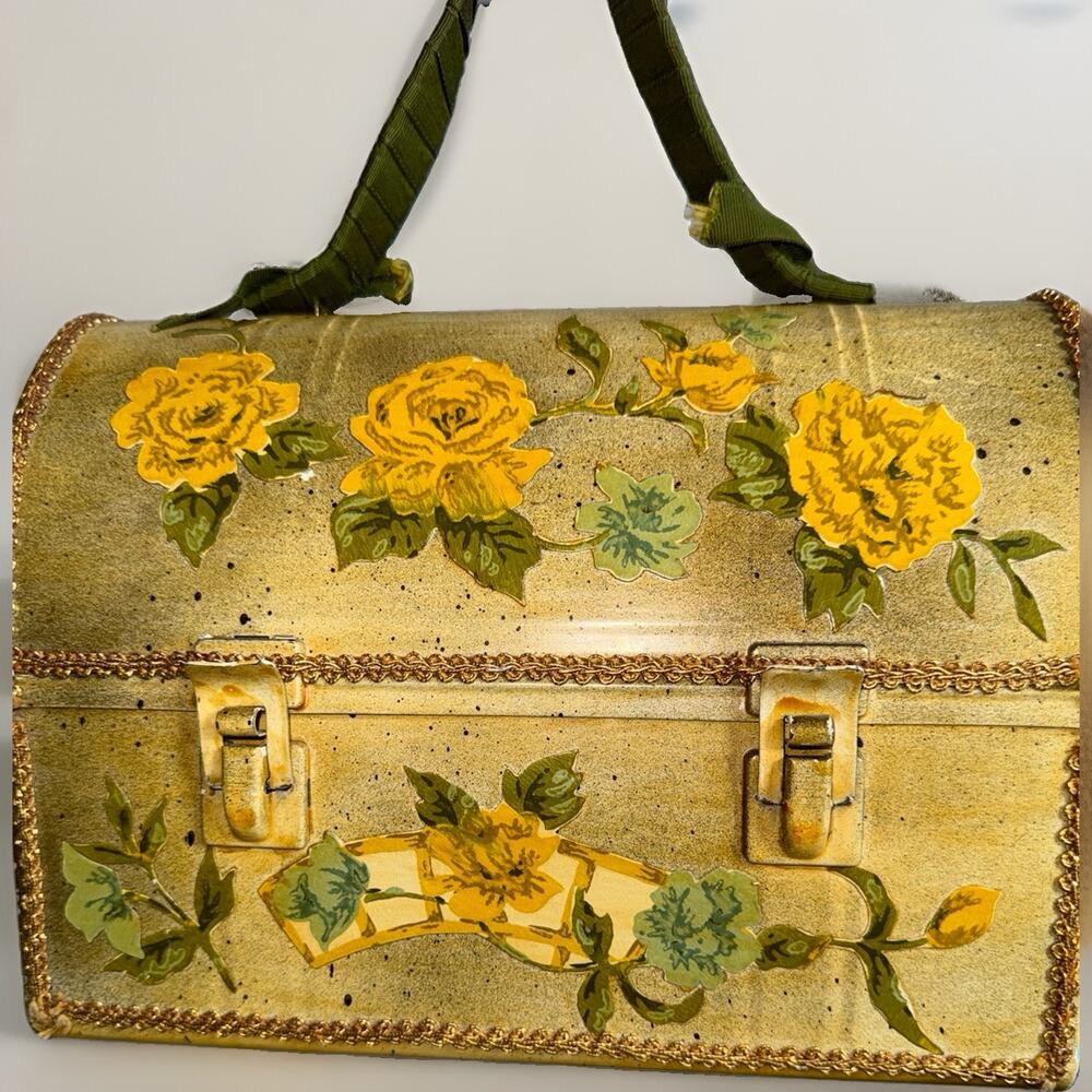 Vintage Metal Work Lunchbox Purse Dome Top Decoupage Painted Roses Yellow 10x8” - Picture 1 of 10